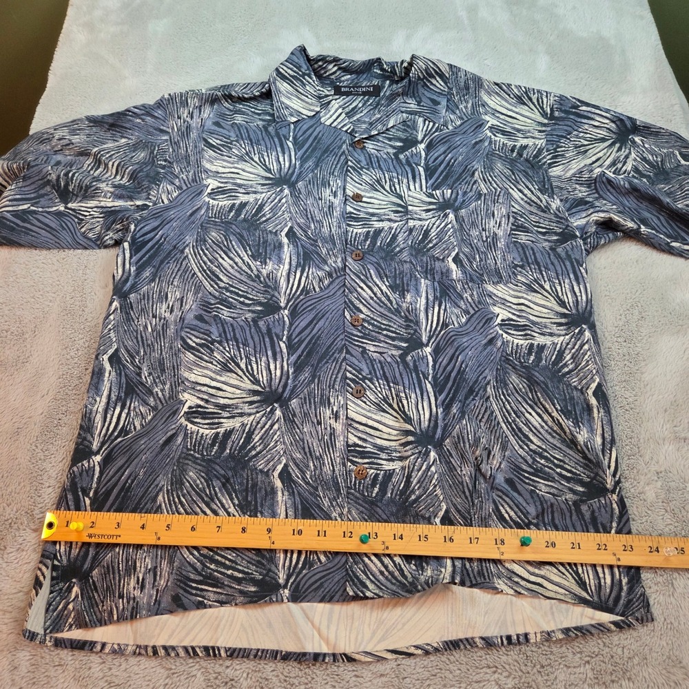Brandini Silk Button Down Shirt Mens XL Abstract Leaf Print Short Sleeve Navy
